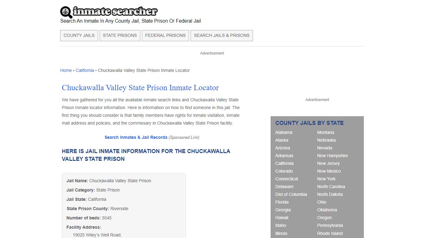 Chuckawalla Valley State Prison Inmate Locator - Inmate Searcher