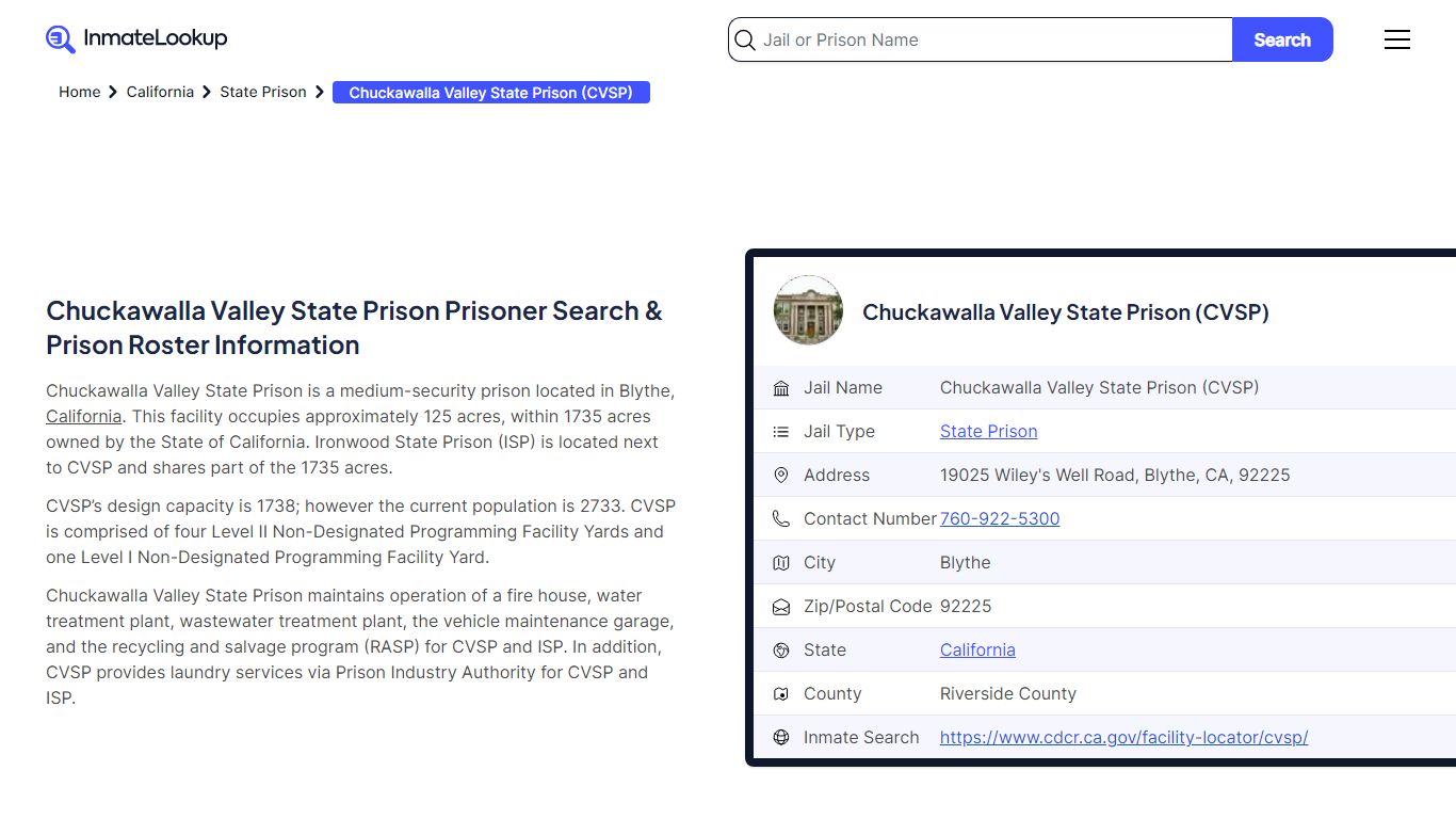 Chuckawalla Valley State Prison (CVSP) Inmate Search, Jail Roster ...