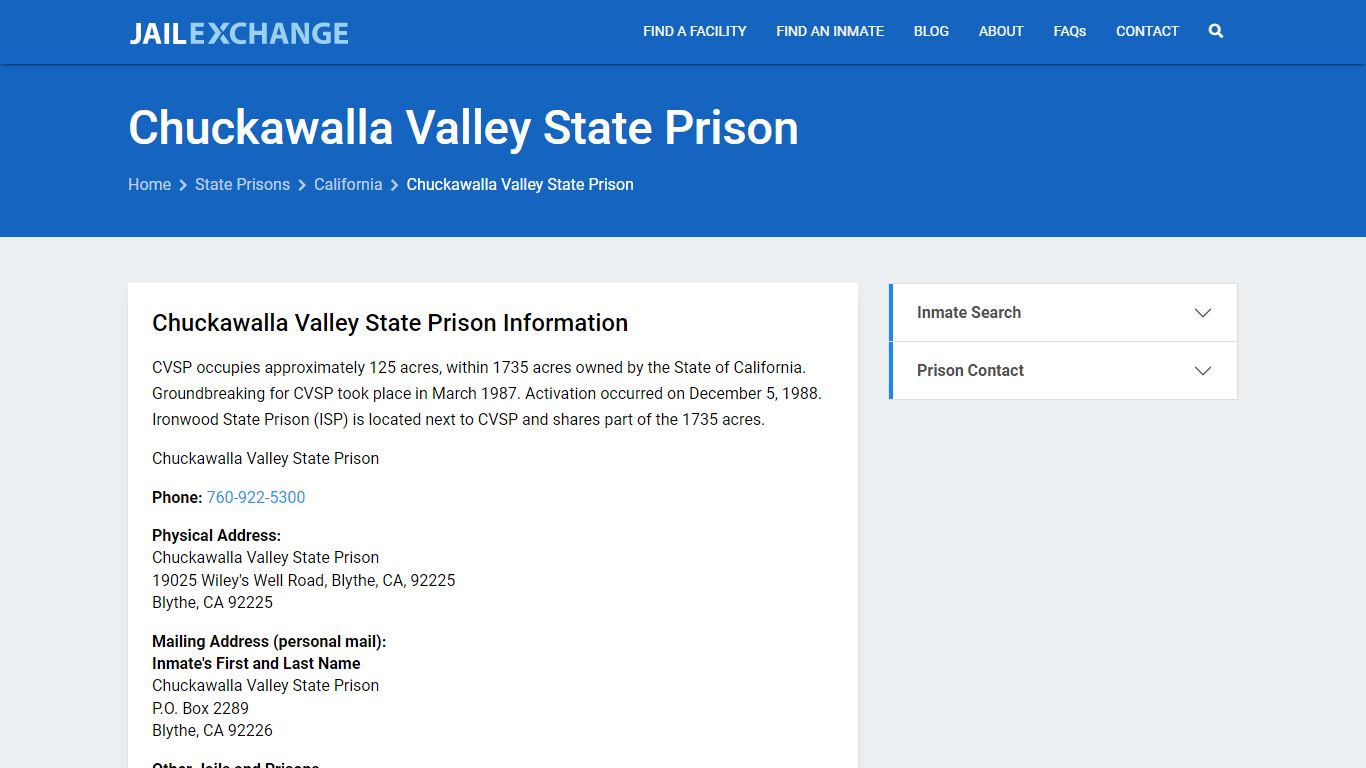 Chuckawalla Valley State Prison Inmate Search, CA - Jail Exchange