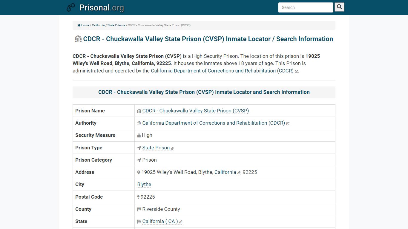 CDCR - Chuckawalla Valley State Prison (CVSP)-Inmate Locator/Search ...