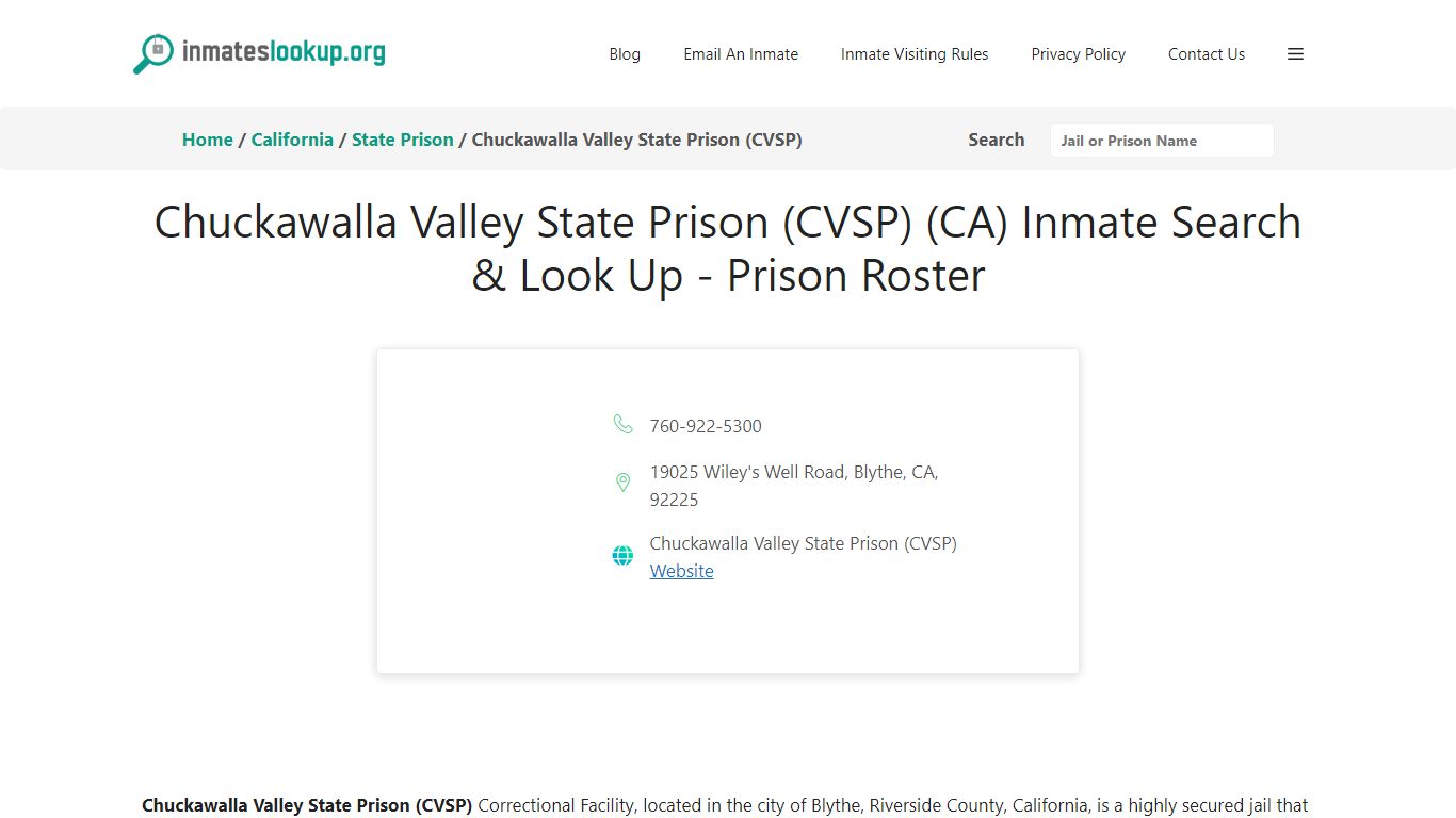 Chuckawalla Valley State Prison (CVSP) (CA) Inmate Search & Look Up ...